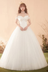 Elegant Off-Shoulder Ball Gown Wedding Dress with Statement Bow