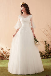 Romantic A-Line Wedding Dress with Illusion Neckline and Bell Sleeves