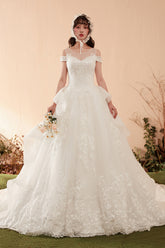 Elegant Off-Shoulder A-Line Wedding Gown with Lace Embroidery