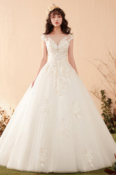 Elegant Floral Lace Ball Gown Wedding Dress with Illusion Neckline
