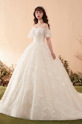 Ethereal Off-Shoulder Ball Gown Wedding Dress with Starry Embroidery