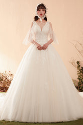 Enchanting Romantic Vintage Lace Bridal Gown with Sheer Flutter Sleeves