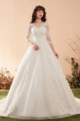 Graceful Lace Overlay A-Line Wedding Dress with 3/4 Sleeves