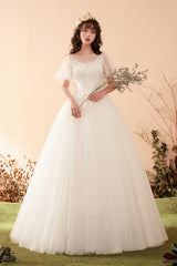 A Line Short Sleeve Lace Tulle Wedding Dress