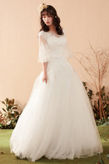 Romantic A-Line Wedding Dress with Illusion Neckline and Bell Sleeves