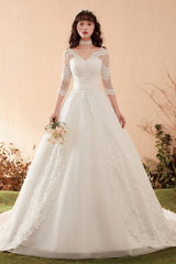 Graceful Lace Overlay A-Line Wedding Dress with 3/4 Sleeves