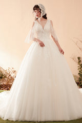 Enchanting Romantic Vintage Lace Bridal Gown with Sheer Flutter Sleeves