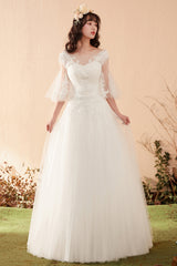 Romantic A-Line Wedding Dress with Illusion Neckline and Bell Sleeves