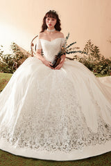 Luxurious Off-Shoulder Satin Ball Gown Wedding Dress with Exquisite Lace Appliques