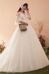 Enchanting Romantic Vintage Lace Bridal Gown with Sheer Flutter Sleeves
