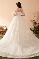Ethereal Off-Shoulder Ball Gown Wedding Dress with Starry Embroidery