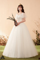 A Line Short Sleeve Lace Tulle Wedding Dress
