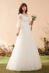 Romantic A-Line Wedding Dress with Illusion Neckline and Bell Sleeves