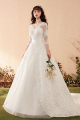 Graceful Lace Overlay A-Line Wedding Dress with 3/4 Sleeves