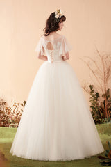A Line Short Sleeve Lace Tulle Wedding Dress